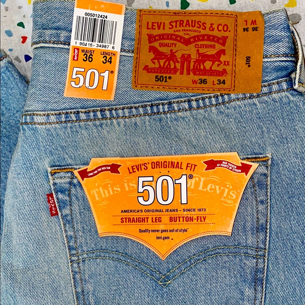 Levis 501 Original Fit Jeans Straight Leg Button Fly 100% Cotton Blue, W36 L34